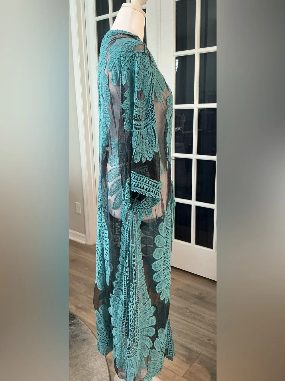 ASHA Turquoise Lace Mesh Duster Kimono Coverup Long Boho Beach Duster - One Size